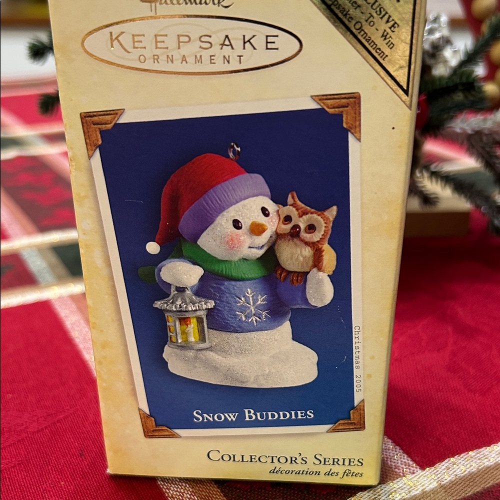Hallmark Keepsake Snowman and Owl Ornament with Blue and Red Accents 2005